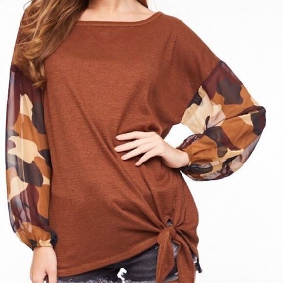 Contrast Pecan Brown Camo Print Front Tie Top - Picture 8 of 8